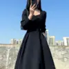 Vintage French Design Maxi Midi Dresses for Women Clothing Party Elegant Square Neck Black Long Dress Korean Fashion Autumn 2023