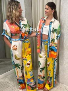 Beach Style Short Sleeve Shirt Blouse Top Loose Long Pants 2 Piece Set Summer Beach Outfits Suit Women Holiday Casual Printed - Image 2