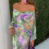 2024 Summer New Women Fashionable and Sexy V-neck Open Back Strap Printed Womens Temperament High Waist Slim Fit Beach Set Dress