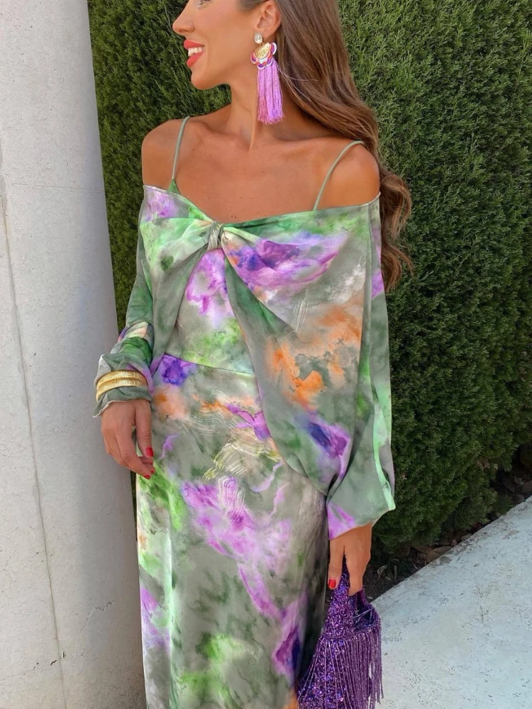 2024 Summer New Women Fashionable and Sexy V-neck Open Back Strap Printed Womens Temperament High Waist Slim Fit Beach Set Dress