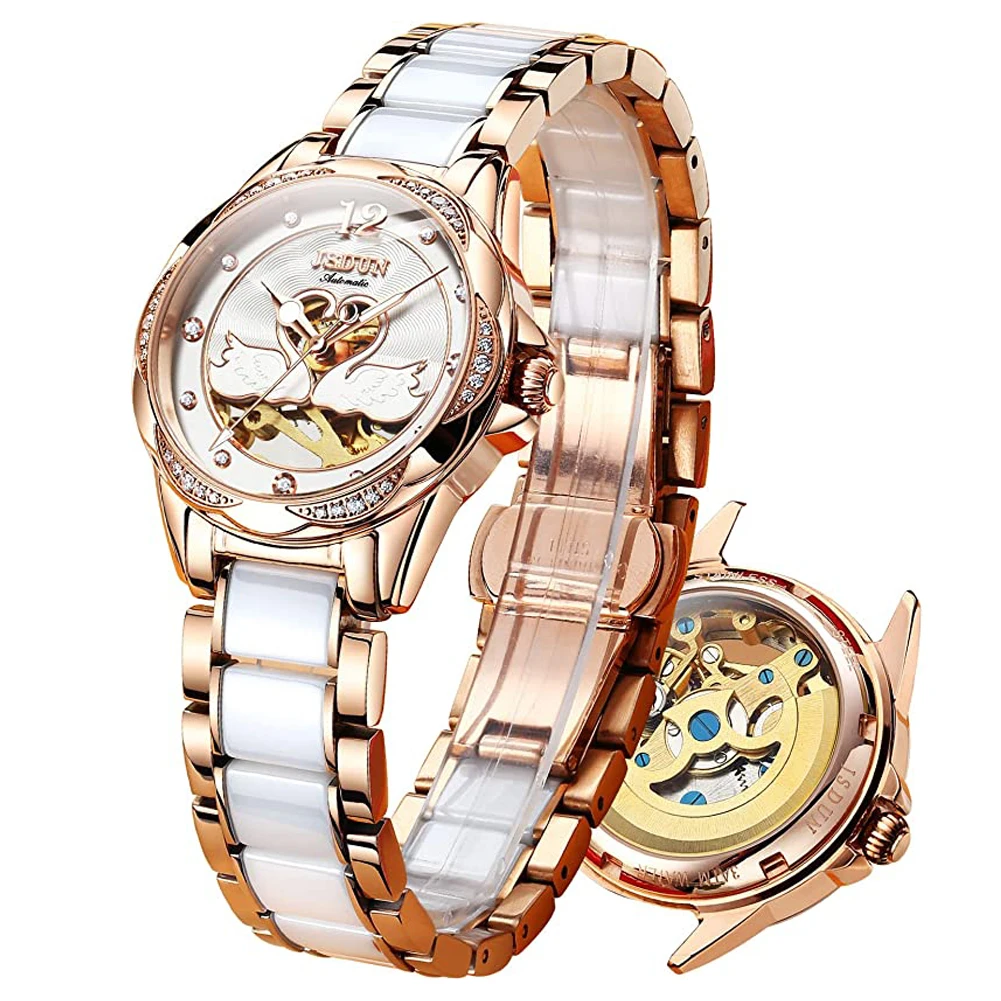 Luxury Mechanical Women Watch Love Swan Design Skeleton Elegant Ceramics Strap Waterproof Ladies Wristwatch Girls Dress Watch