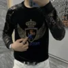 High Quality Rhinestone Animal Eagle Long Sleeved T-shirt Luxury Gold Velvet Fashion Men Personality Flower Sleeves Hot Diamond - Image 2