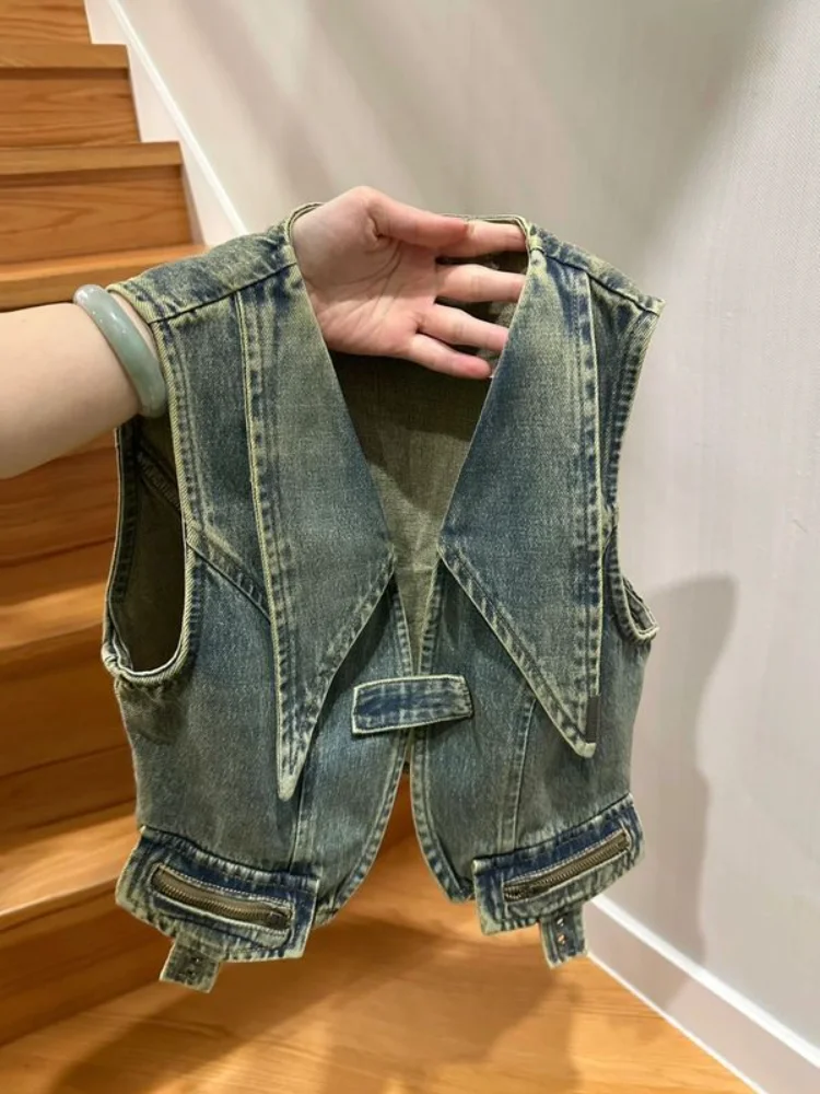 Turn Down Collar Zipper Harajuku Jeans Tanks Korean Summer Slim Crop Top Y2k Aesthetic Streetwear Japanese Tank Tops for Women