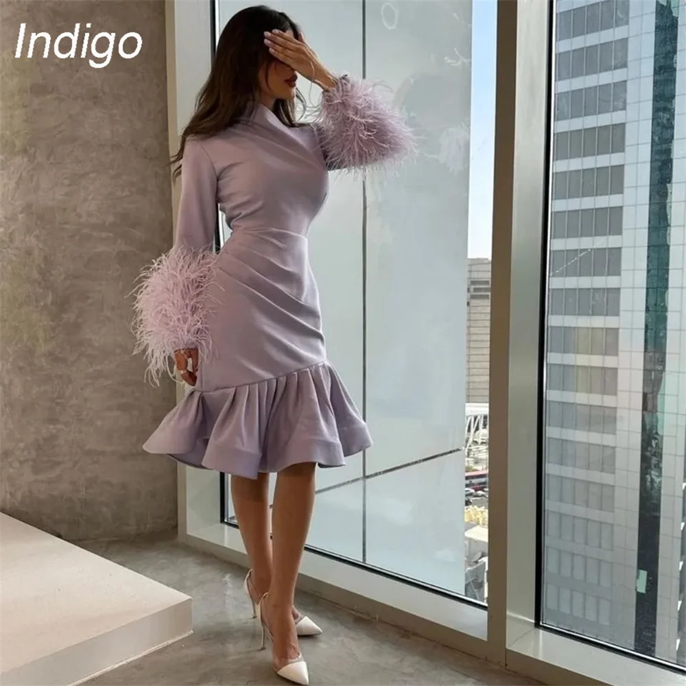 Indigo Short Prom Dress Mermaid 2024 Long Sleeve High Collar Pleat Feathers Knee-Length Satin Evening Gowns For Women فساتين الس