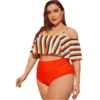 Womens Plus Size Swimsuit Ruffles Short Sleeve Striped Print Tops High Waisted Bikini Beach Wear Tankini Bathing Suits - Image 5