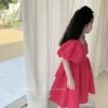 Summer Rose Pink Plaid Bow Dress Elegant Lolita Child Big Girls Midi Dress Children Dresses For Teens Party Princess Sundress - Image 3