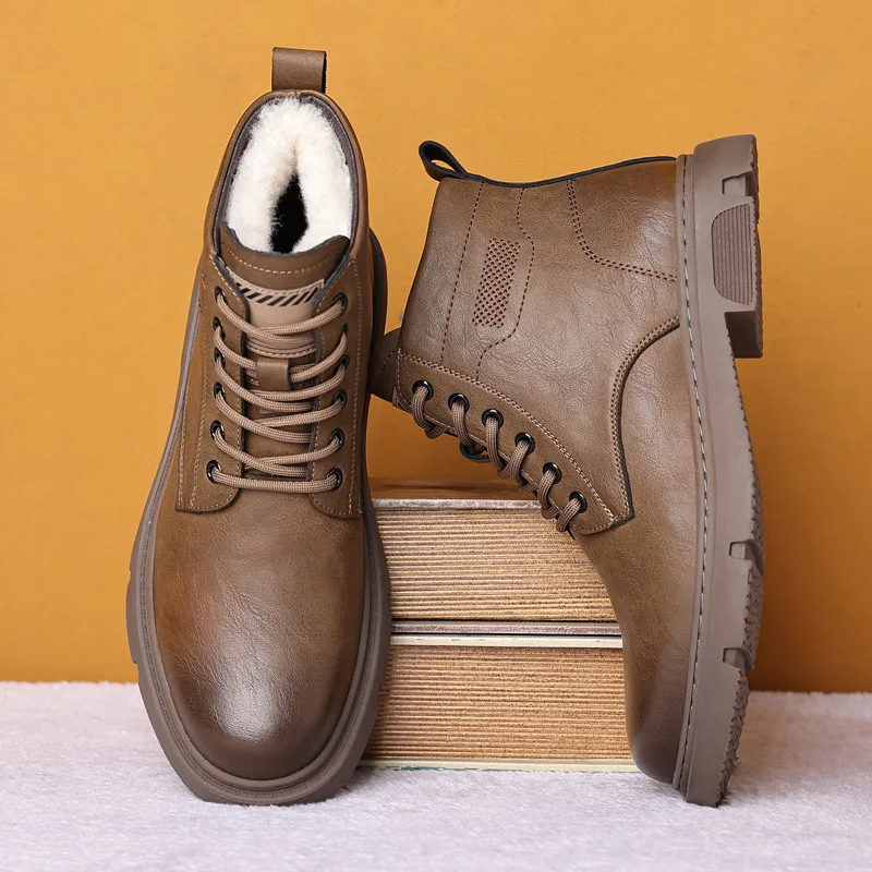 New Men's Work Boots for Winter 2023 Designer Warm Wool Snow Boots Male Fashion Casual Solid Color Platform Cotton Shoes Man