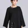 [EAM] 2024New Spring Summer Black Full Sleeve O Collar Split Pullover Personality Women Fashion Tide Loose Casual T-shirt