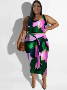 Wmstar Plus Size Dress Sets Women Clothing Floral Printed Two Piece Set Crop Top Bandage Skirts Matching Wholesale Dropshipping - Image 4