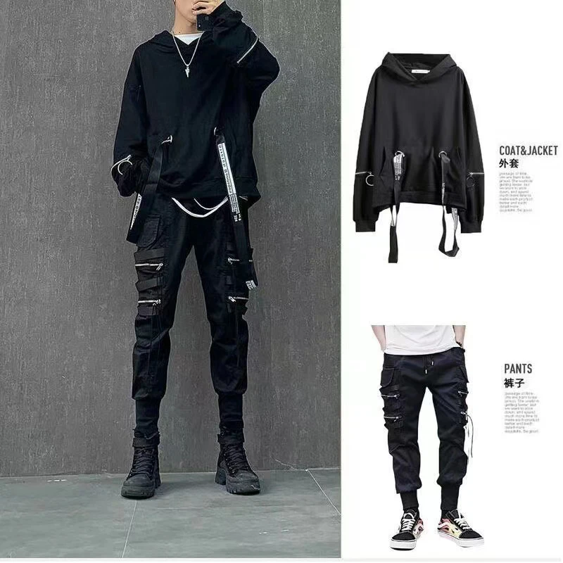 Men's Sets Black Hoodies Pants Punk Graphic Zipper Hooded Sweatshirts Cargo Pant Men Oversized Loose Streetwear Suits