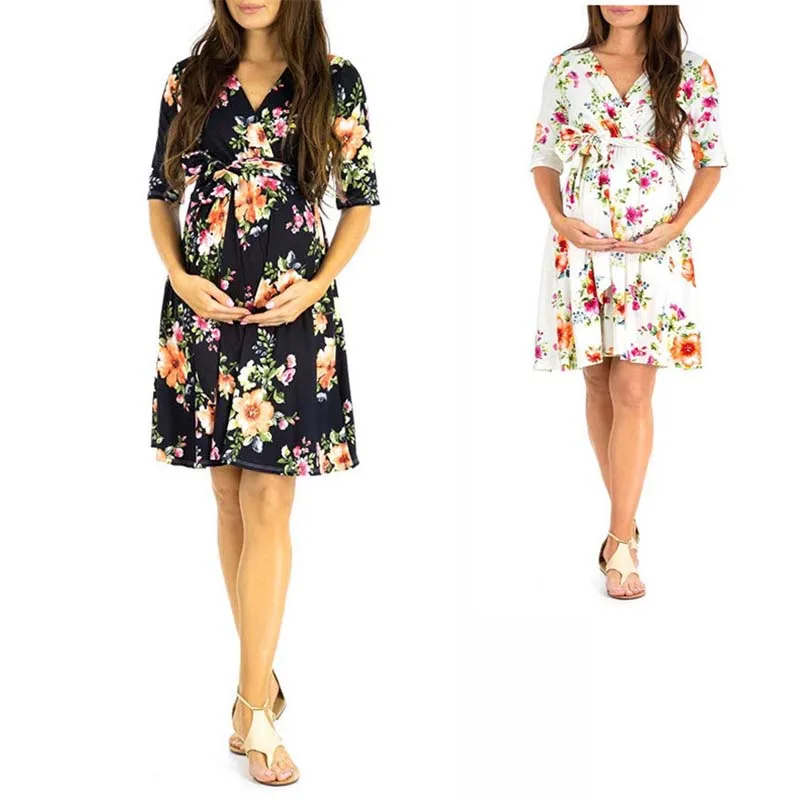 Women High-Low Adjustable Waist Belt Maternity Dress Surplice Wrap V Neck Nursing Dress Breastfeeding Pregnant Clothes