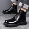 Fashion Shiny Genuine Leather Men's Boots Winter Platform Ankle Boots Men High-top Motorcycle Boots Fashion Flat Designer Shoes - Image 6