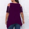 Plus Size T-Shirts Women Summer Hollow Out Cold Shoulder Short Sleeve Irregular Hem Solid Color Loose Women Top Streetwear - Image 4