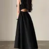 Gaganight Women O neck Back Hollowed Waist Vest Dress 2023 Korean Chic Summer Retro Temperament Slim Sleeveless Dresses Female