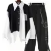 2PCS Women's Streetwear Outfits Loose Long Sleeve Shirt Ribbon Chain Cargo Pants 2 Piece Sets Korean Casual Unisex Couple Suit