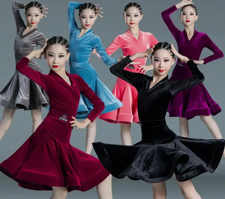 Latin Dance Dress Kids Ballroom Costume for Girls Latin Dress Costume Professional Long Sleeves Salsa Rumba Cha Cha Tango Stage