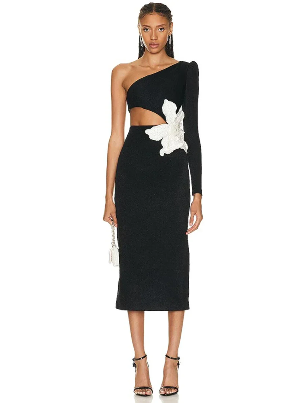 2024 Summer New Women's Sexy One Shoulder Long Sleeve Hollow Out Flower Bandage Midi Dress Bodycon Celebrity Party Evening Dress