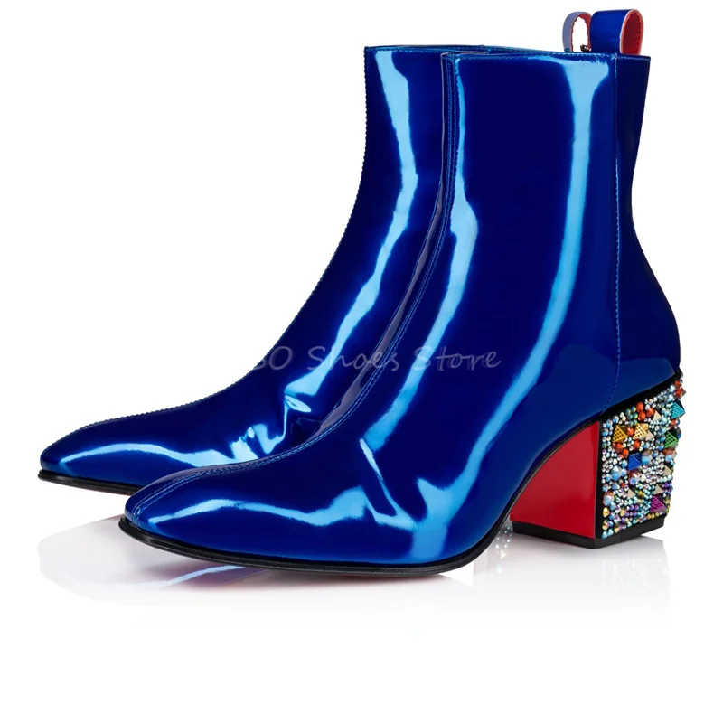 Luxury Chunky Heel Chelsea Boots for Men Sapphire Color Rhinestone Decor Mid Heels Short Boots Brand Design Catwalk Male Shoes