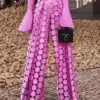 Freeacy Women's Personalized High-waisted Hollowed Pants Purple Black Solid Color Wide Leg Casual Trousers Autumn Bottoms