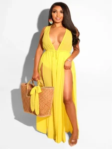 JRRY Sexy Women Slit Maxi Dresses Spaghetti Strap Chiffon Long Dress Deep V Neck Beach Dress Sashes Cloak Dress Plus Size XXL - Image 4