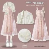 Women Suit Elegant Puff Sleeve Crop Top Pink Midi Dress 2 Piece Sets Summer Spring Female Outfit - Image 3