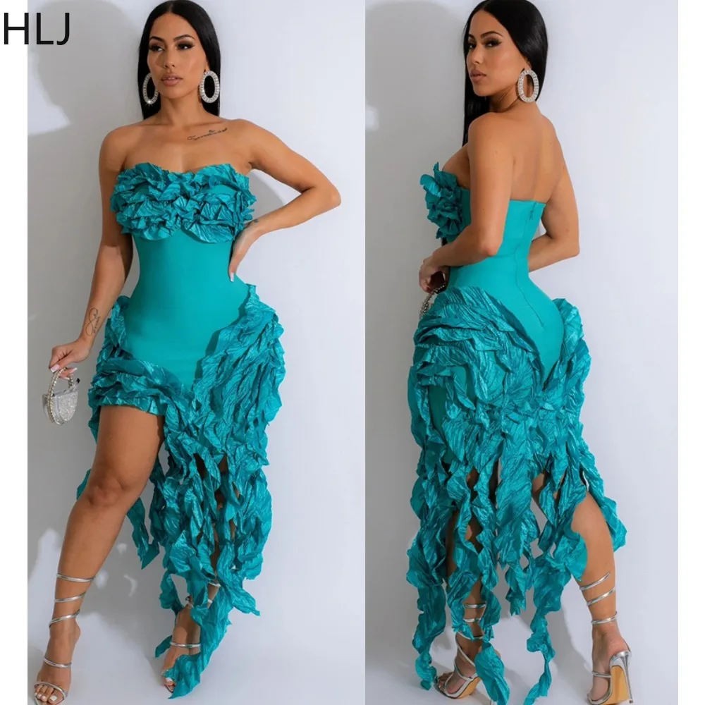HLJ Sexy Off Shoulder Ruffles Irregular Tassels Party Club Dress Women Sleeveless High Slit Bodycon Tube Dress Fashion Vestidos
