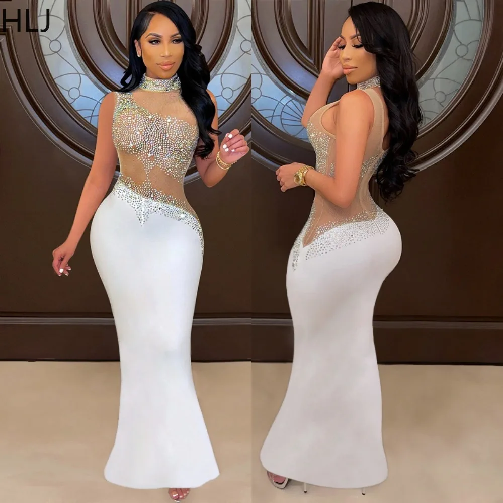 HLJ Sexy Luxury Rhinestone Mesh Patchwork Evening Party Dresses Women Round Neck Sleeveless Bodycon Vestidos Female Clothing New