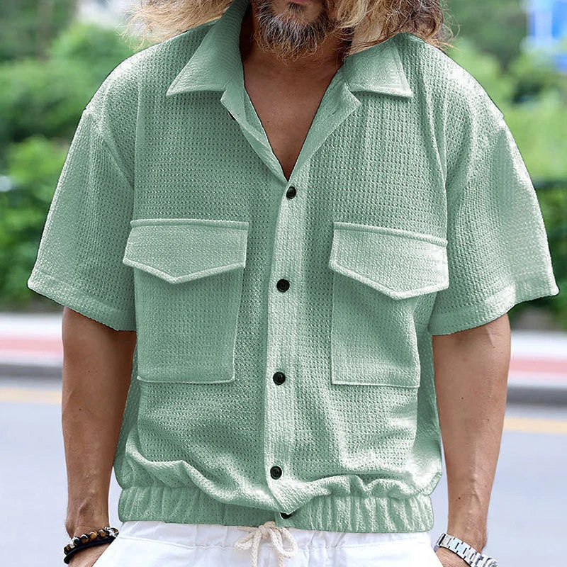 Streetwear Mens Casual Shirts Patchs Pockets Design Button Lapel Short Sleeve Cardigan Tops Men Summer Vintage Solid Color Shirt