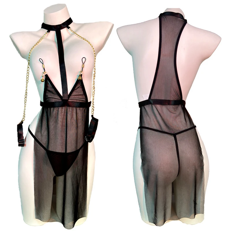 Sexy Mesh See-through Breast Leaking Passionate SM Uniform Temptation Sexy Lingerie Bed Shirt for Women