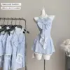 Casual Korean Fashion Outfits 2 Piece Shorts Sets Turn-Down Collar Dress Baggy High Waist Shorts Blue Gyaru 2000s Aesthetic