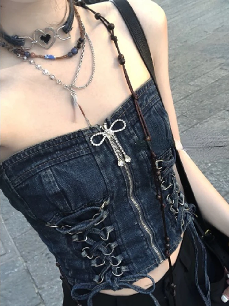 Summer Vintage Y2k Sleeveless Crop Tops Women Backless Sexy Party Denim Corset Women Bandage Korean Fashion Casual Vest 2023 New