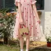 Preppy Style Strawberry Embroidery Fairy Girly Elegant Summer Long Dresses For Women Sweet Short Sleeve Dress Student Clothing