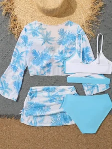 4 Pieces Bikini Top & Skirt 2023 Girls Swimsuit Kids High Waist Swimwear Children Bathers Bathing Swimming Swim Suit Beachwear - Image 2