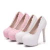 Fashion Women Pumps Shoes Lace Rhinestone Round Toe 14cmThin Heels White Delicate Sweet Wedding High Heel Shoes - Image 2
