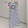 YZJNH 2024 Summer Long Dress Women's Korean Edition Loose Cartoon Print Wide Stripe Short sleeved T-shirt Dress Women's Large