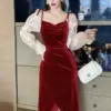 2023 Spring Elegant Sweet Girly Women Midi Dress Red Velvet Bow Bubble Sleeve Split Lady Clothes Party Office Femme Robe Vestido