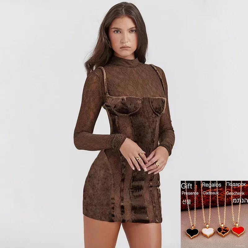 2024 Spring Diamond Velvet Lace Hollow Long Sleeve Dress Summer Women Sexy Patchwork See Through Skinny Belted Mini Dress Skirt