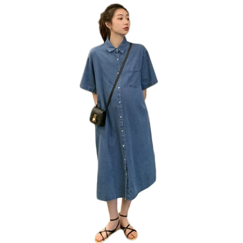 2024 Korean Style Maternity Denim Dress Blue Turn-down Collar Vintage Pregnancy Cotton Dress Plus Size Pregnant Women Dress