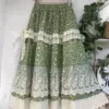 Vintage Cotton Linen Floral Long Skirts Japanese Sweet Lace Ruffled Mori Girl Pleated Skirt Female Elastic Waist Beach Faldas