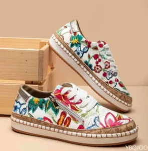 Women Casual Loafers Elegant Floral Printed Lace Up Flat Fashion Round Toe Vulcanized Shoes Outdoor Light Walking Shoes - Image 2