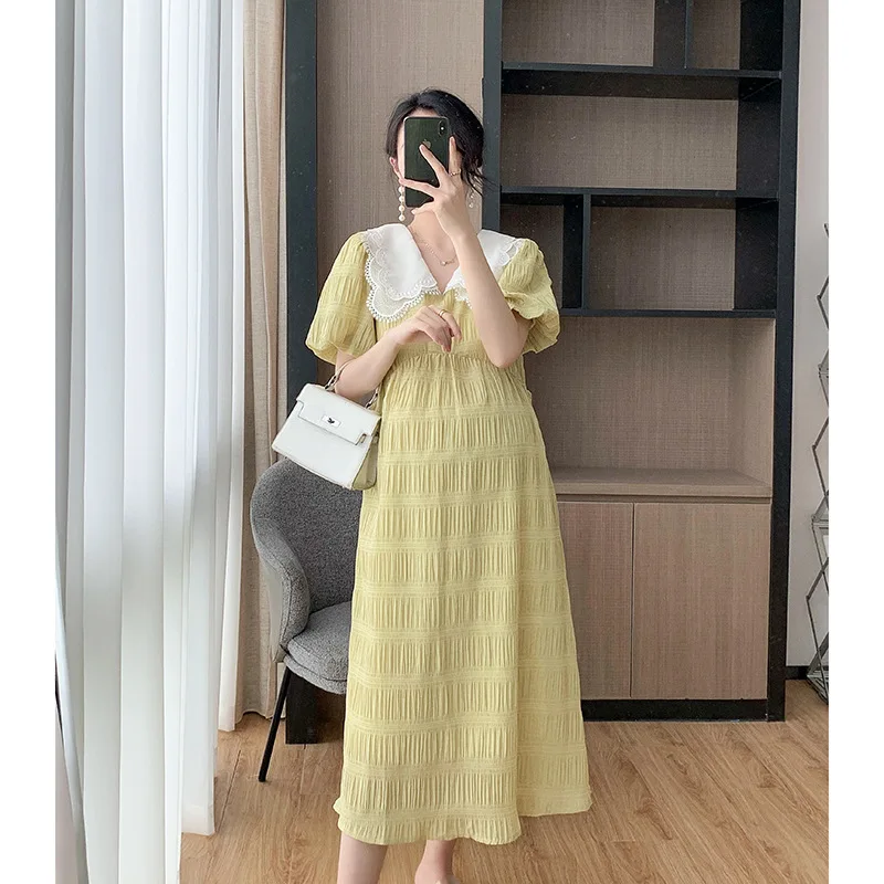 Pregnant Women Summer Dress Petal Collar Sweet Bubble Sleeve Temperament High Waist Dress Maternity Gown Peter Pan Collar Casual