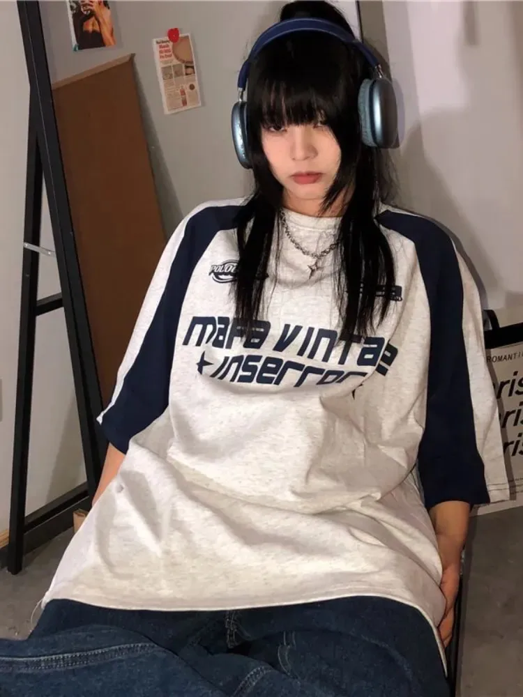 Vintage Y2K Patchwork Oversize Tshirts Women Korean Style Harajuku Letter Gray Short Sleeve T Shirts American Retro Top