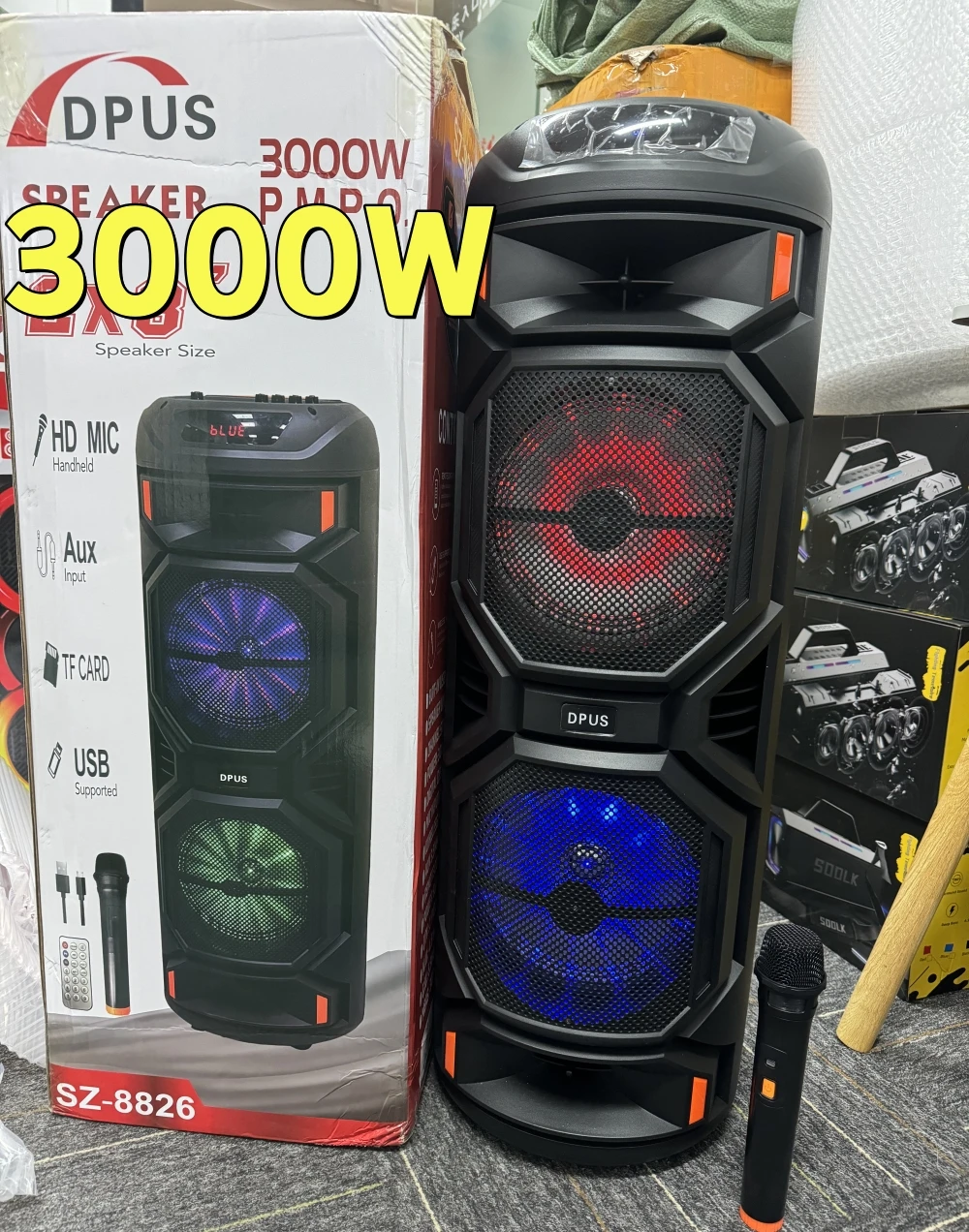 Dual 8-inch P.M.P.O 3000W high output outdoor Bluetooth speaker karaoke party portable wireless subwoofer column with microphone
