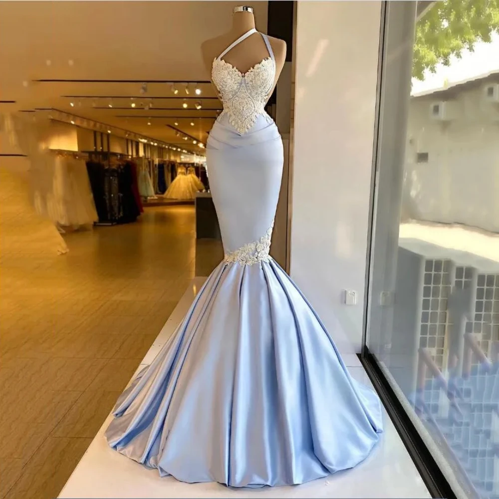 Light Blue Mermaid Evening Dress Sexy One Shoulder Applique Soft Satin Fishtail Prom Dresses Long Party Gown robe de soiree