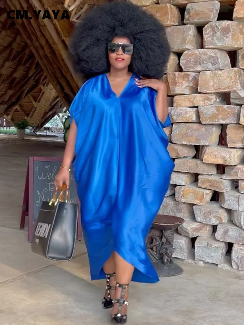 CM.YAYA Plus Size Women Satin Loose Maxi Long Dresses 2022 Summer Batwing Short Sleeve V-neck Elegant Streetwear Dress