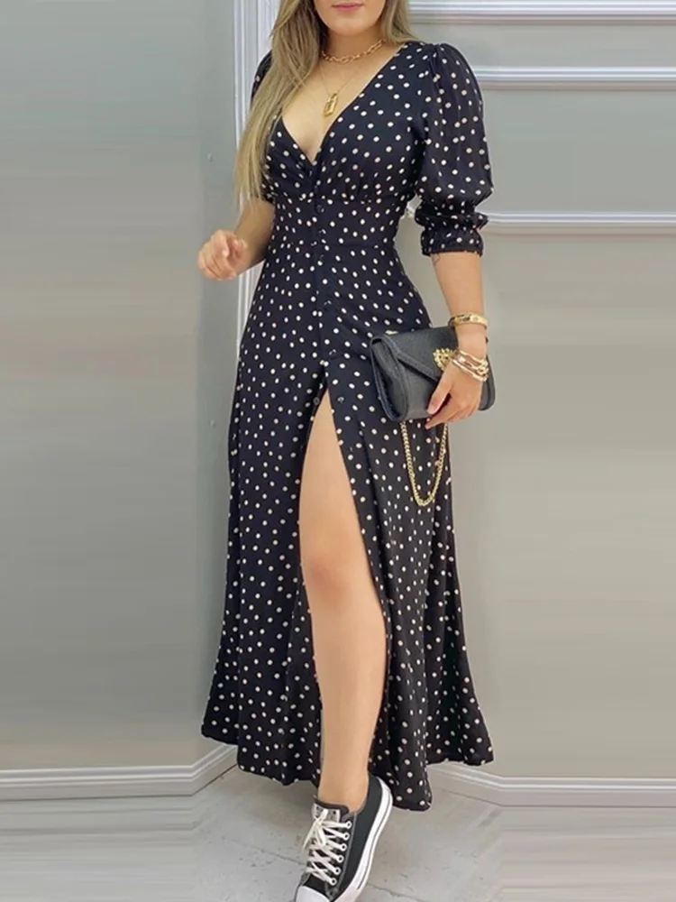 Dot Print Sexy High Slit Maxi Dress Women V Neck Puff Sleeve Summer Long Dress