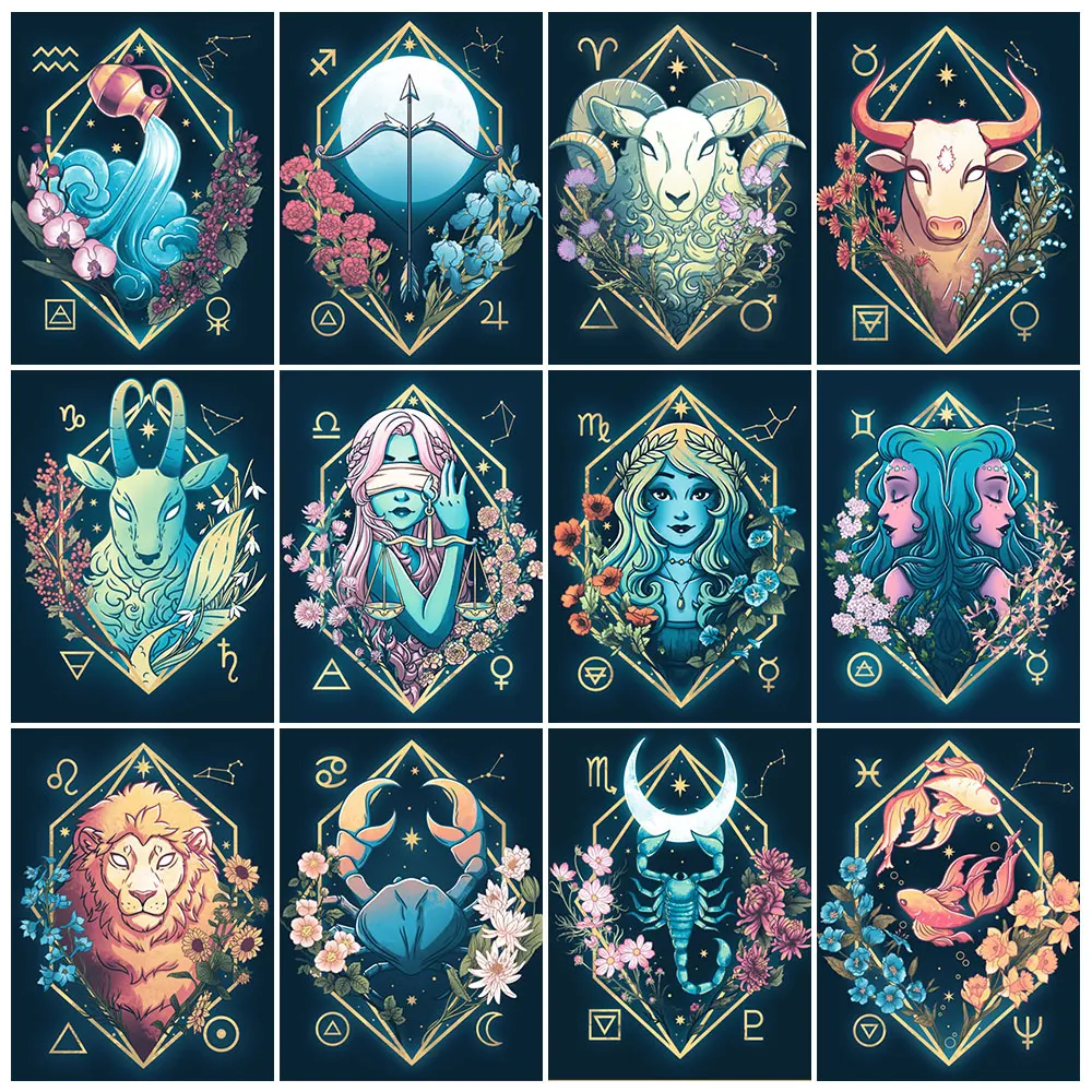 5D DIY Diamond Mosaic 12 Constellation Paintings With Rhinestones Diamond Embroidery Cartoon Icon Cross Stitch Wall Art for Home