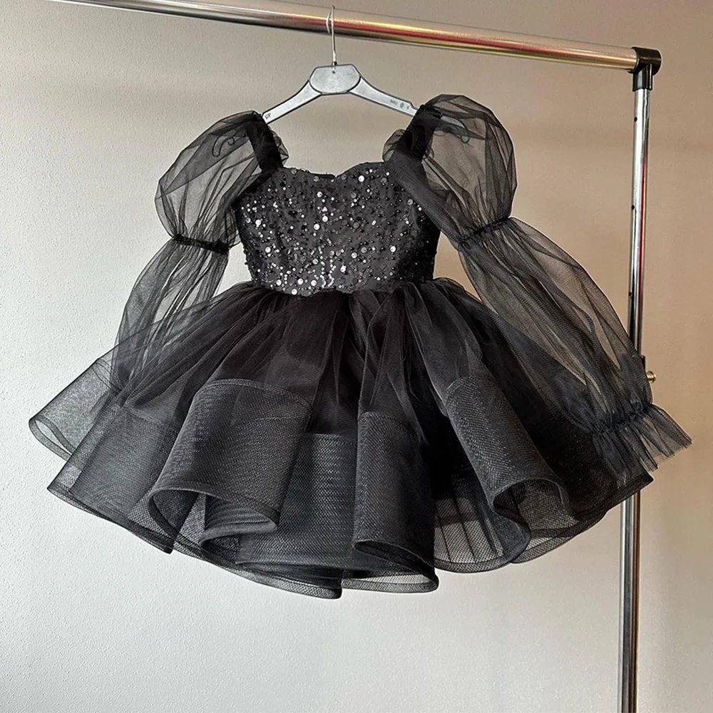 Glitter Sequined Party Dresses Black Puff Sleeves Ball Gown Flower Girl Dress Short V Neck Formal Girl's Gowns for Birthday
