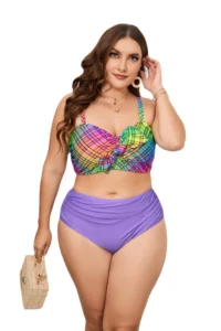 Large Size Women's Swimsuit Colorful Plaid Print Plus Size Swimwear Two Pieces Bathing Suit Beachwear Tankini - Image 5