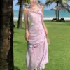 Summer Pink Chiffon Print Chic Ruffled Sling Long Dress Women Elegant Beach Style Casual Dress 2024 Korean Fashion Bodycon Dress